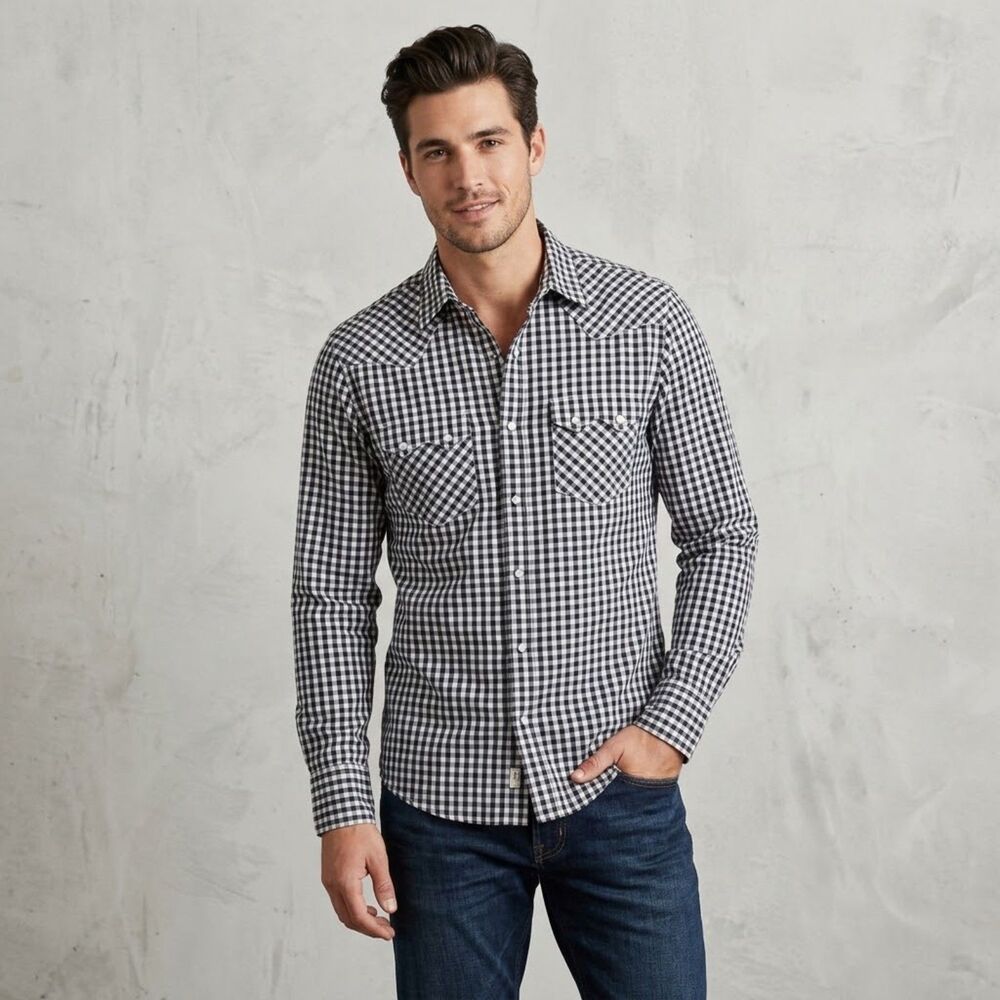 American Rag Black White Check Snap Front Shirt Men's Small Western 2 Pocket